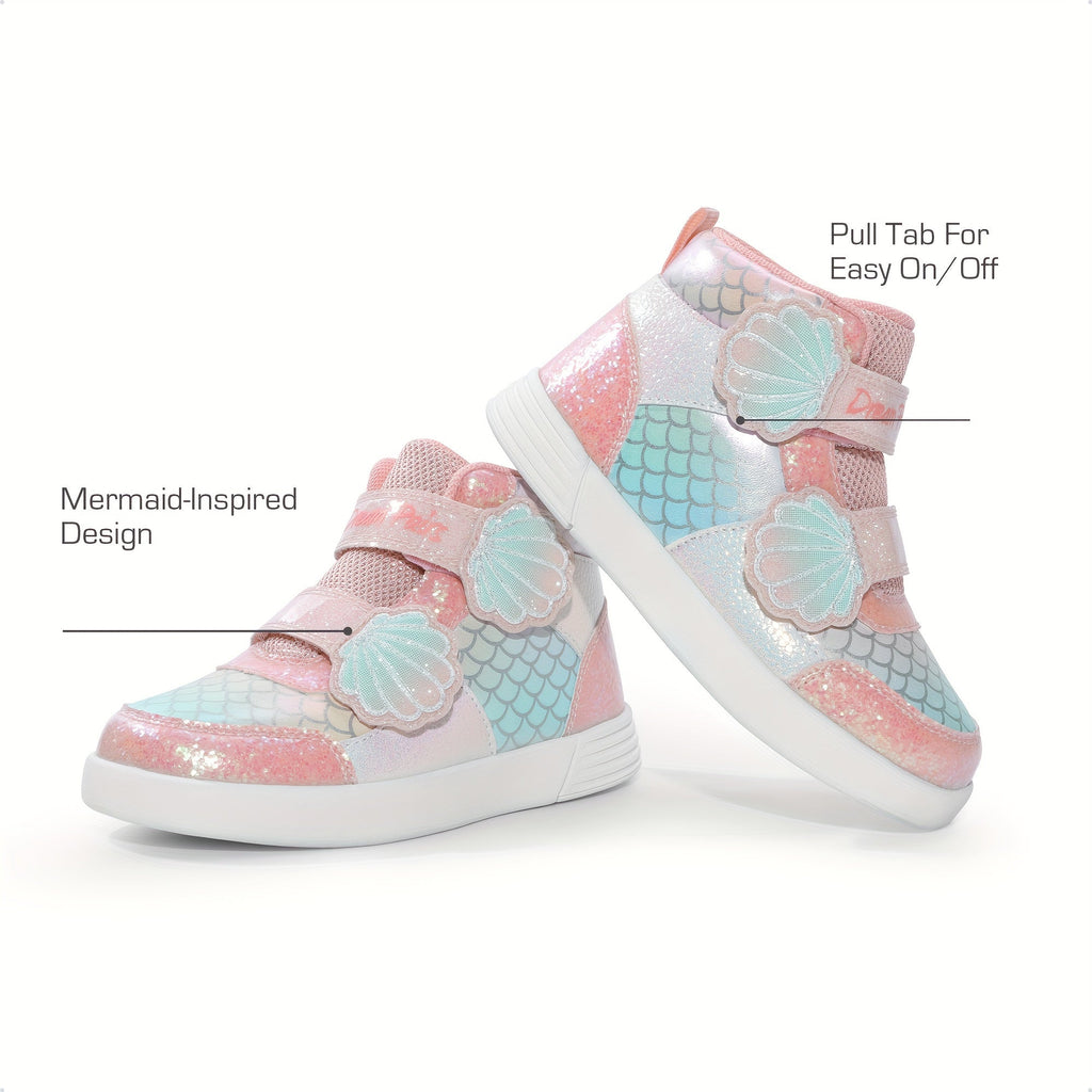 Girls' Mermaid High Top Sneakers with Glitter Panels and Shell Strap Details for Playful Outfits