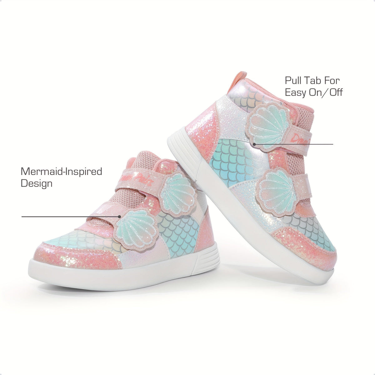 Girls' Mermaid High Top Sneakers with Glitter Panels and Shell Strap Details for Playful Outfits