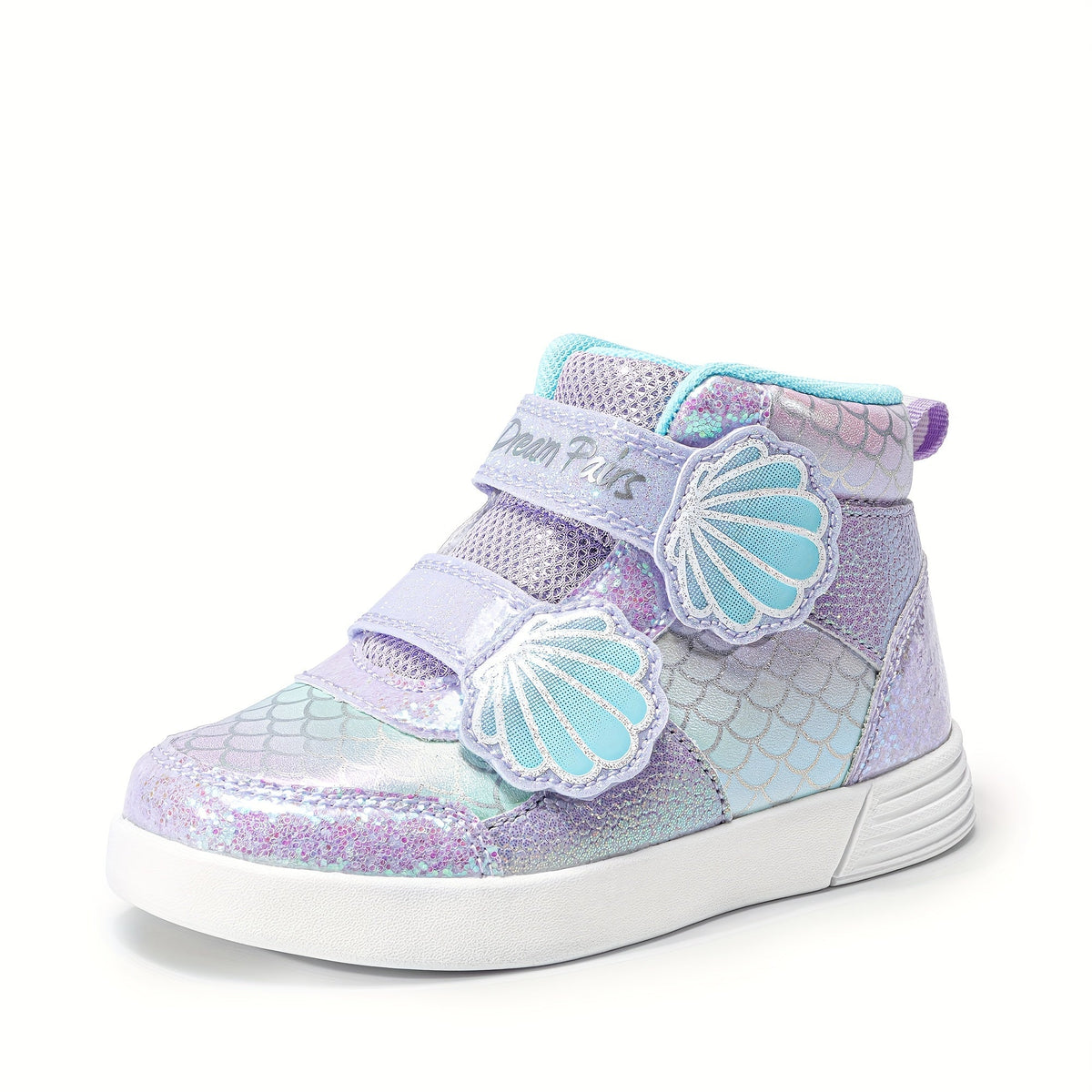 Girls' Mermaid High Top Sneakers with Glitter Panels and Shell Strap Details for Playful Outfits