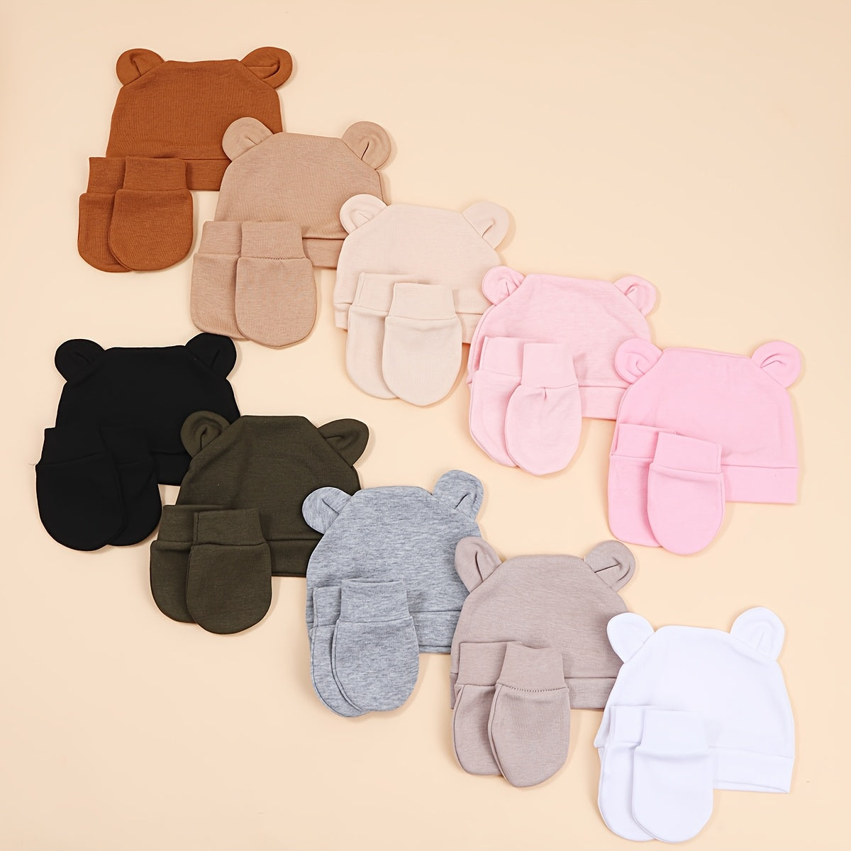 Newborn Hat and Mitten Sets with Bear Ear Details in Coordinating Solid Colors for Everyday Baby Outfits