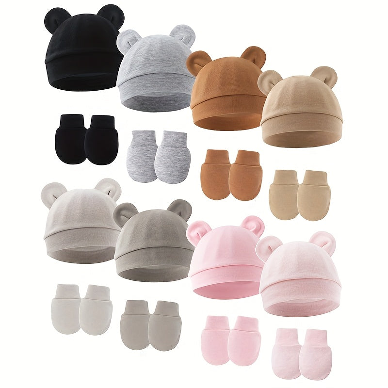 Newborn Hat and Mitten Sets with Bear Ear Details in Coordinating Solid Colors for Everyday Baby Outfits