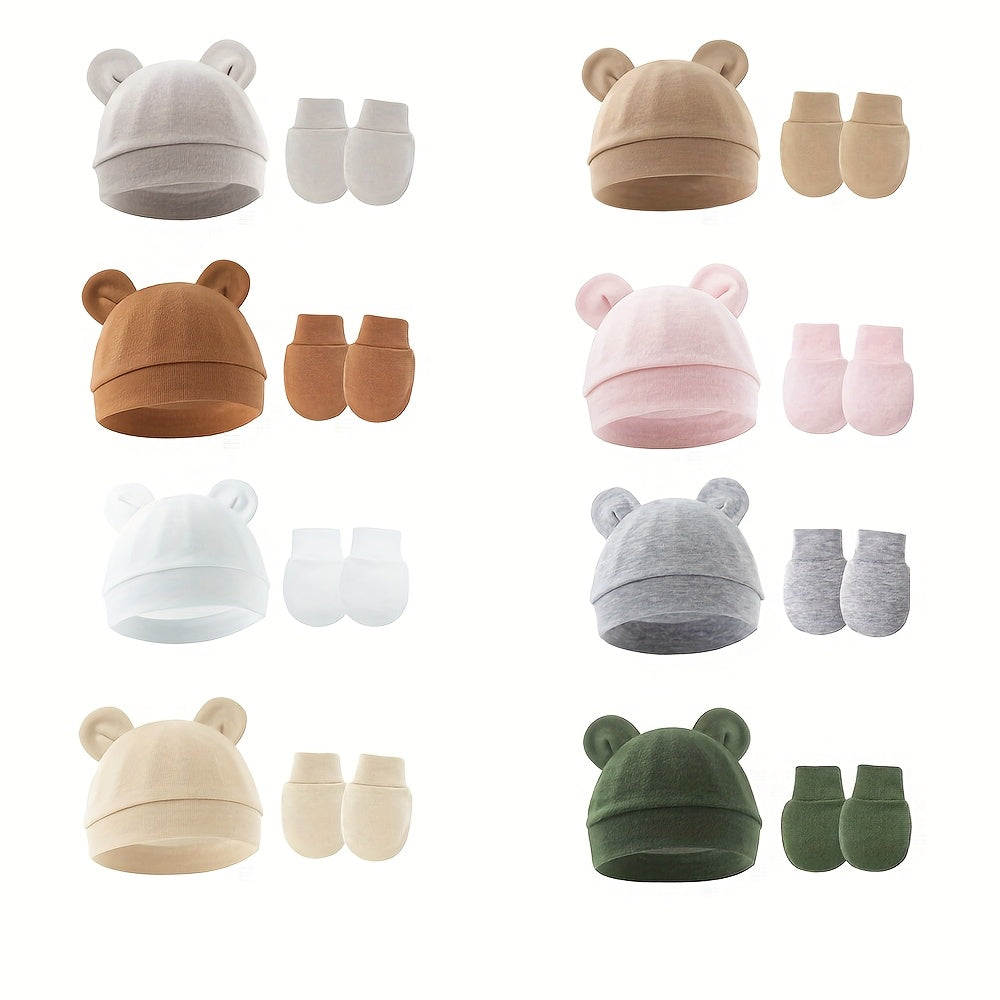 Newborn Hat and Mitten Sets with Bear Ear Details in Coordinating Solid Colors for Everyday Baby Outfits