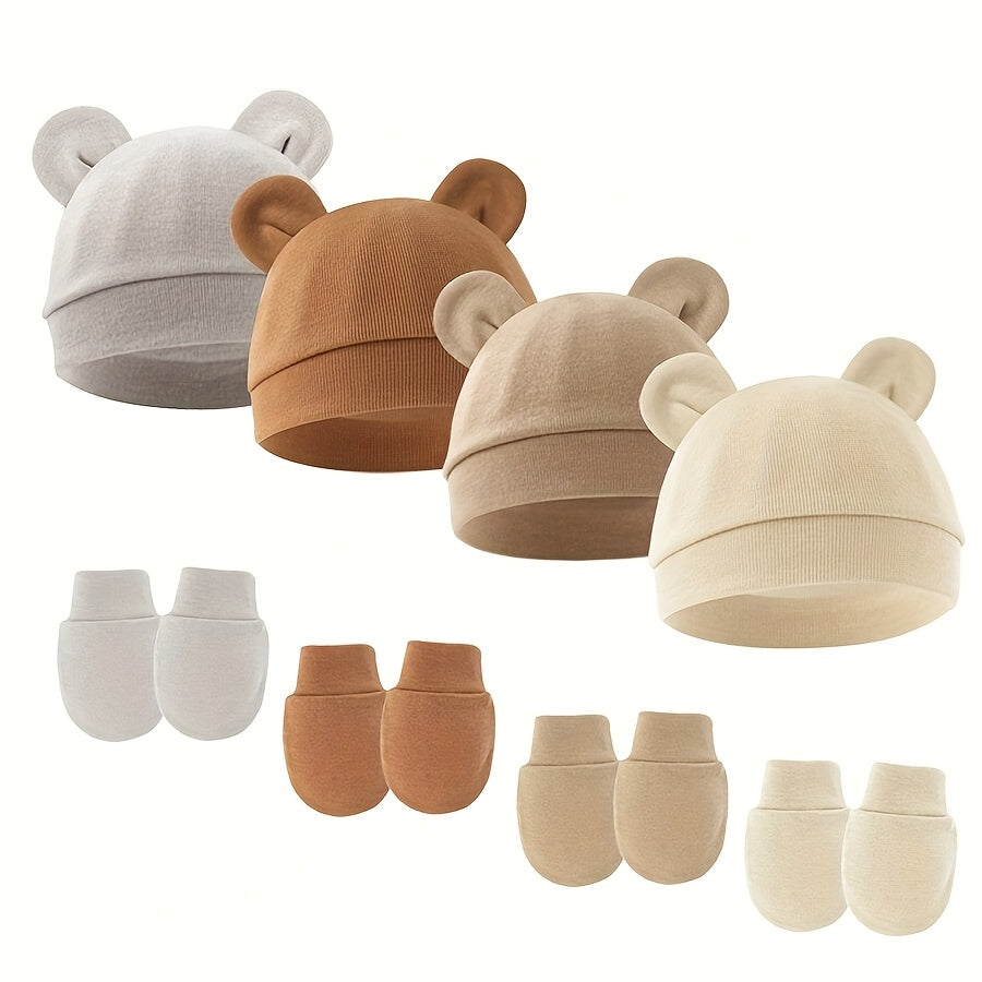 Newborn Hat and Mitten Sets with Bear Ear Details in Coordinating Solid Colors for Everyday Baby Outfits