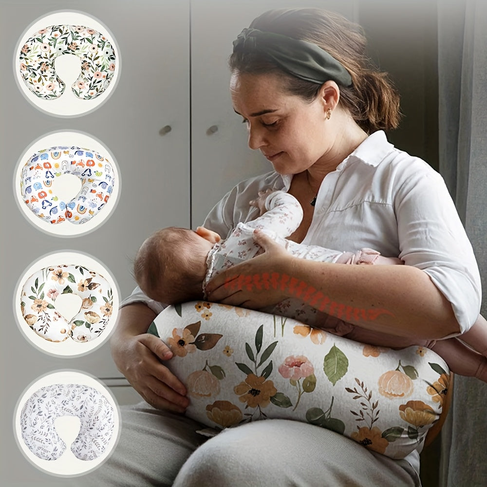 C-Shaped Nursing Pillow with a Removable Printed Cover for Supporting the Arms During Seated Feeding