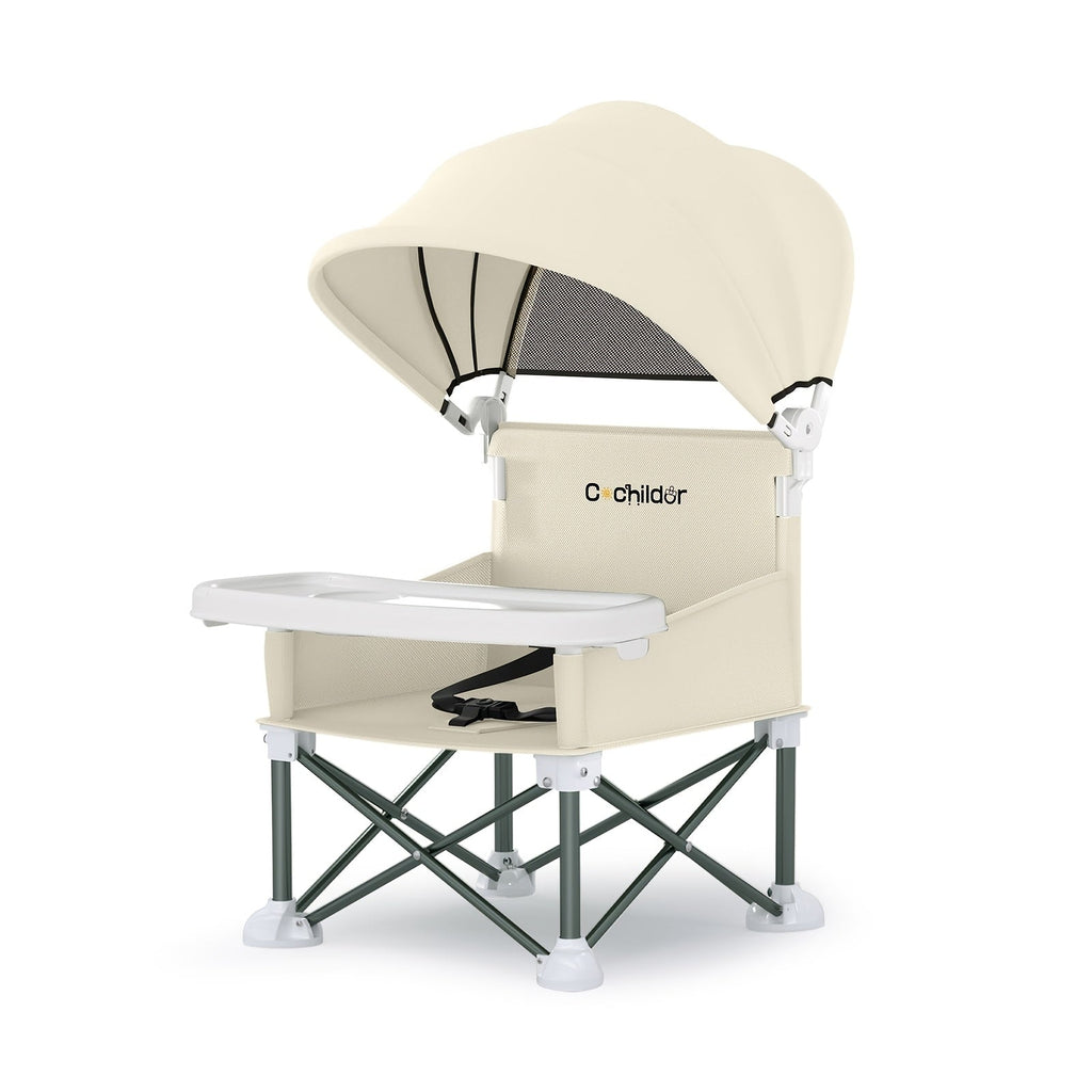 Portable Baby Booster Seat with a Canopy and Detachable Feeding Tray for Family Meals on Days Out