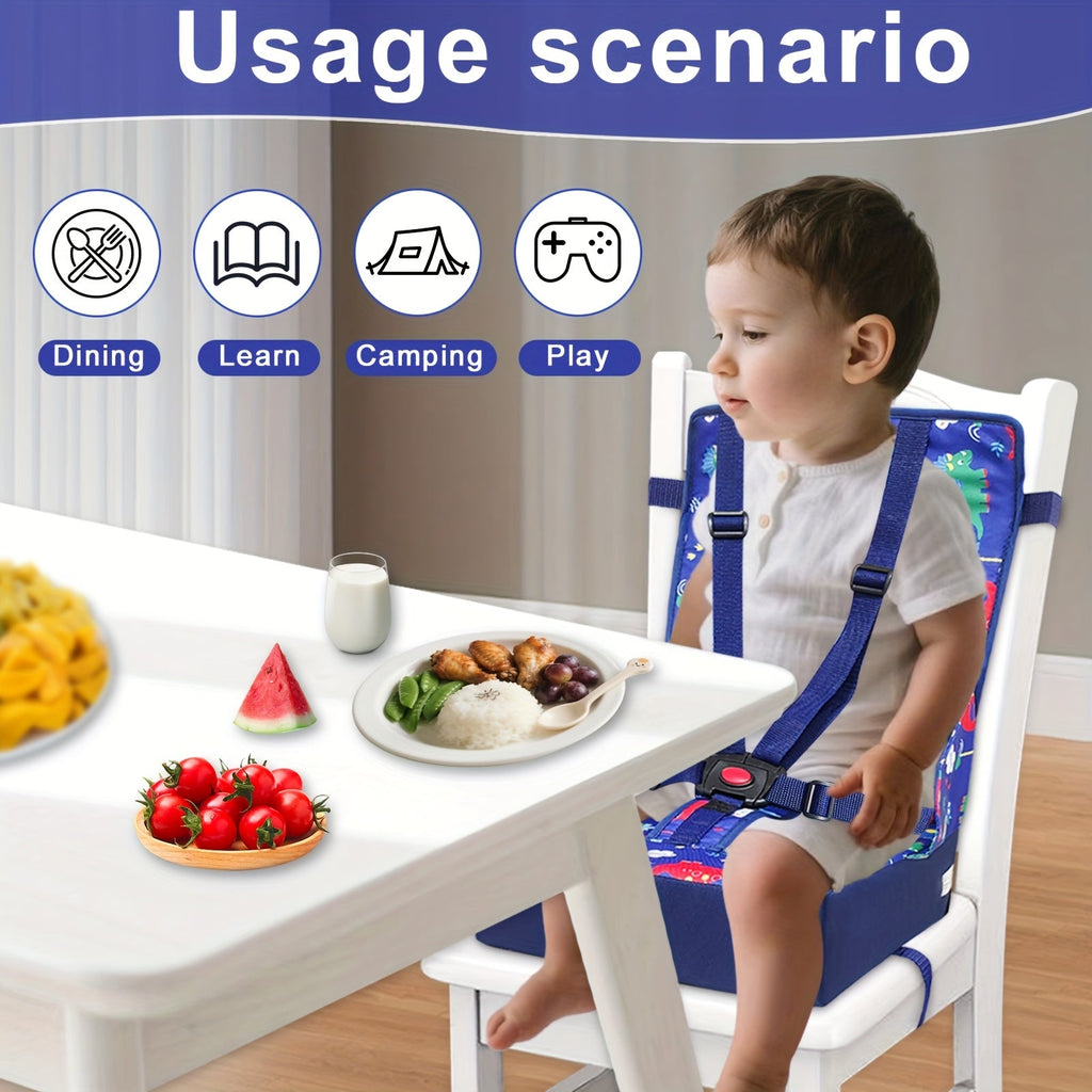 Dining Booster Seat Cushion with an Attached Back Pad and Adjustable Straps in Playful Printed Designs