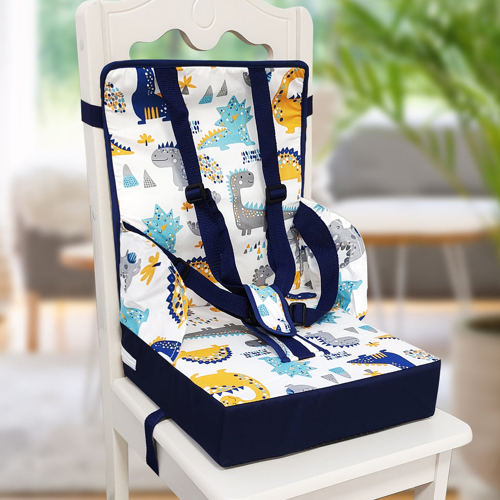 Dining Booster Seat Cushion with an Attached Back Pad and Adjustable Straps in Playful Printed Designs