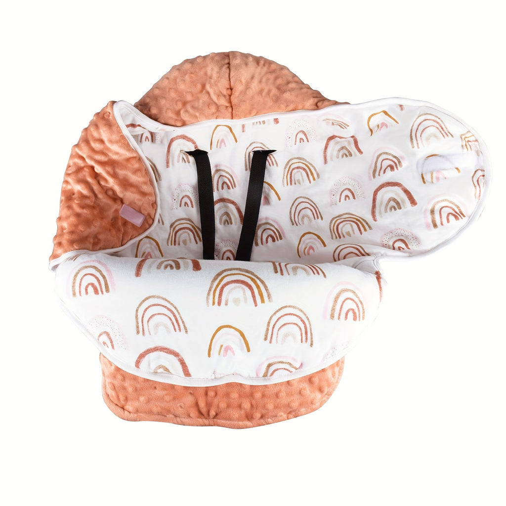Hooded Stroller Wrap Blanket with Foldover Wings and Harness Openings in Rainbow or Geometric Leaf Print