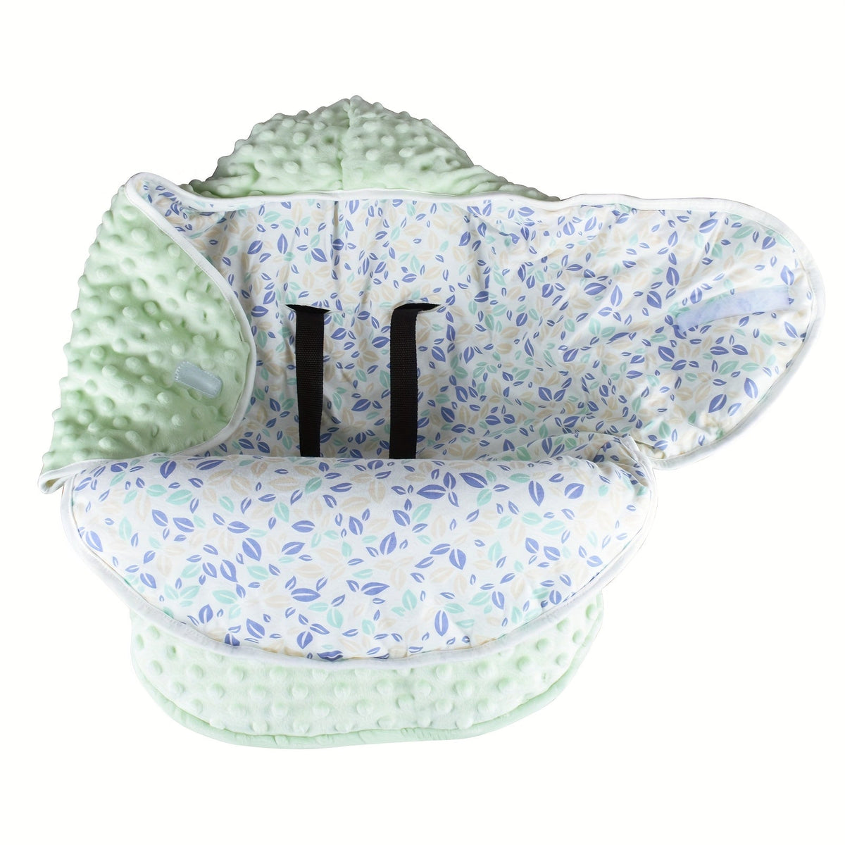 Hooded Stroller Wrap Blanket with Foldover Wings and Harness Openings in Rainbow or Geometric Leaf Print