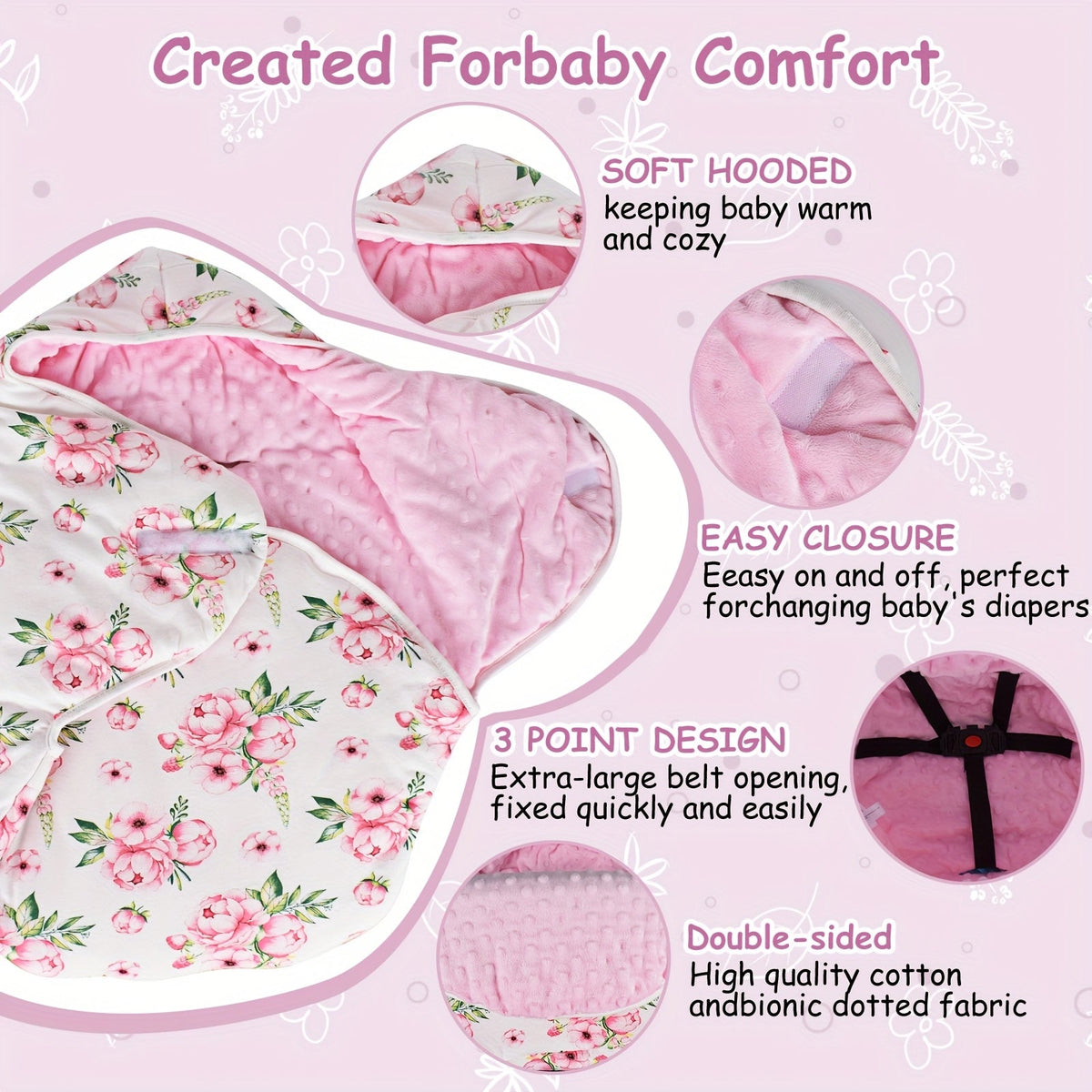 Hooded Stroller Wrap Blanket with Foldover Wings and Harness Openings in Rainbow or Geometric Leaf Print