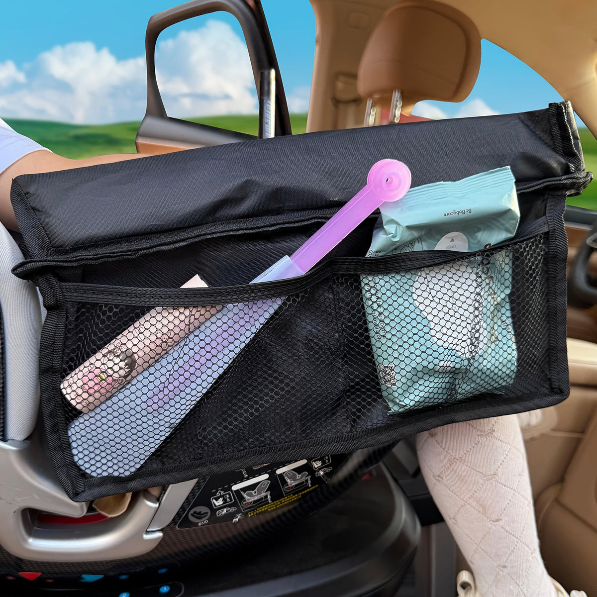 Kids Travel Tray with Raised Edges and Mesh Storage Pockets for Drawing and Small Activities on Car Trips