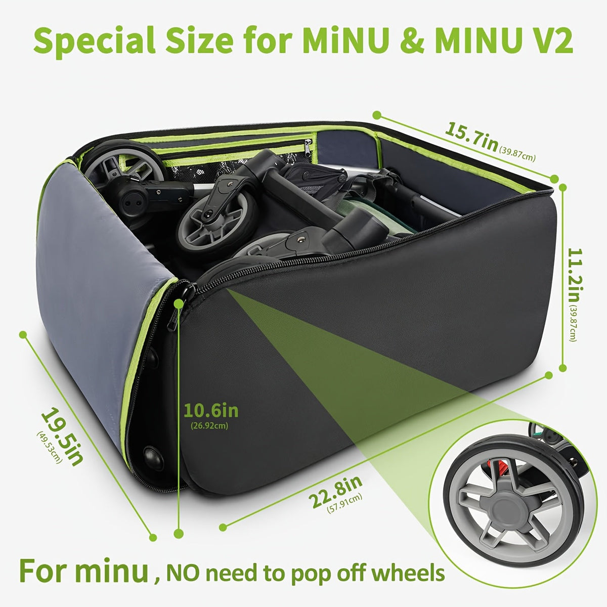 Padded Stroller Travel Bag in Black with Green Lining and Three Layer Fabric Construction for MINU