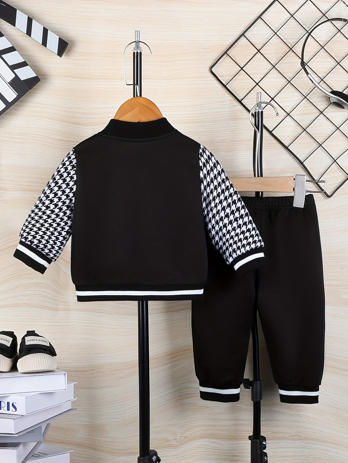 Baby Boys' Jacket Pants Set with Crown K Graphics and Houndstooth Sleeves for Coordinated Everyday Outfits