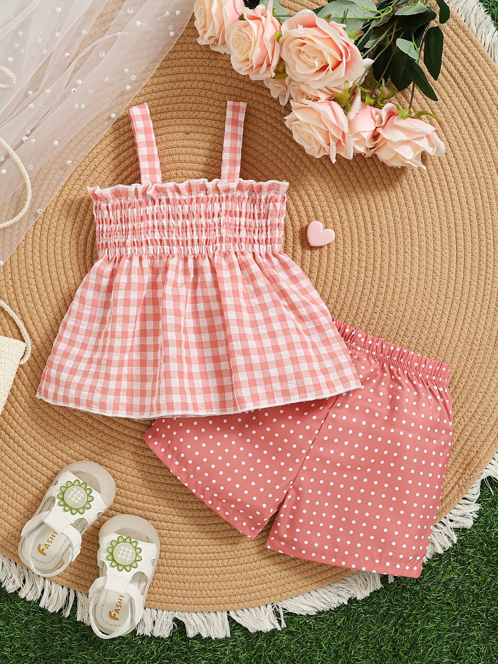 Toddler Girls Shorts Set in Red Gingham with a Strawberry Top and Matching Polka Dot Bottoms