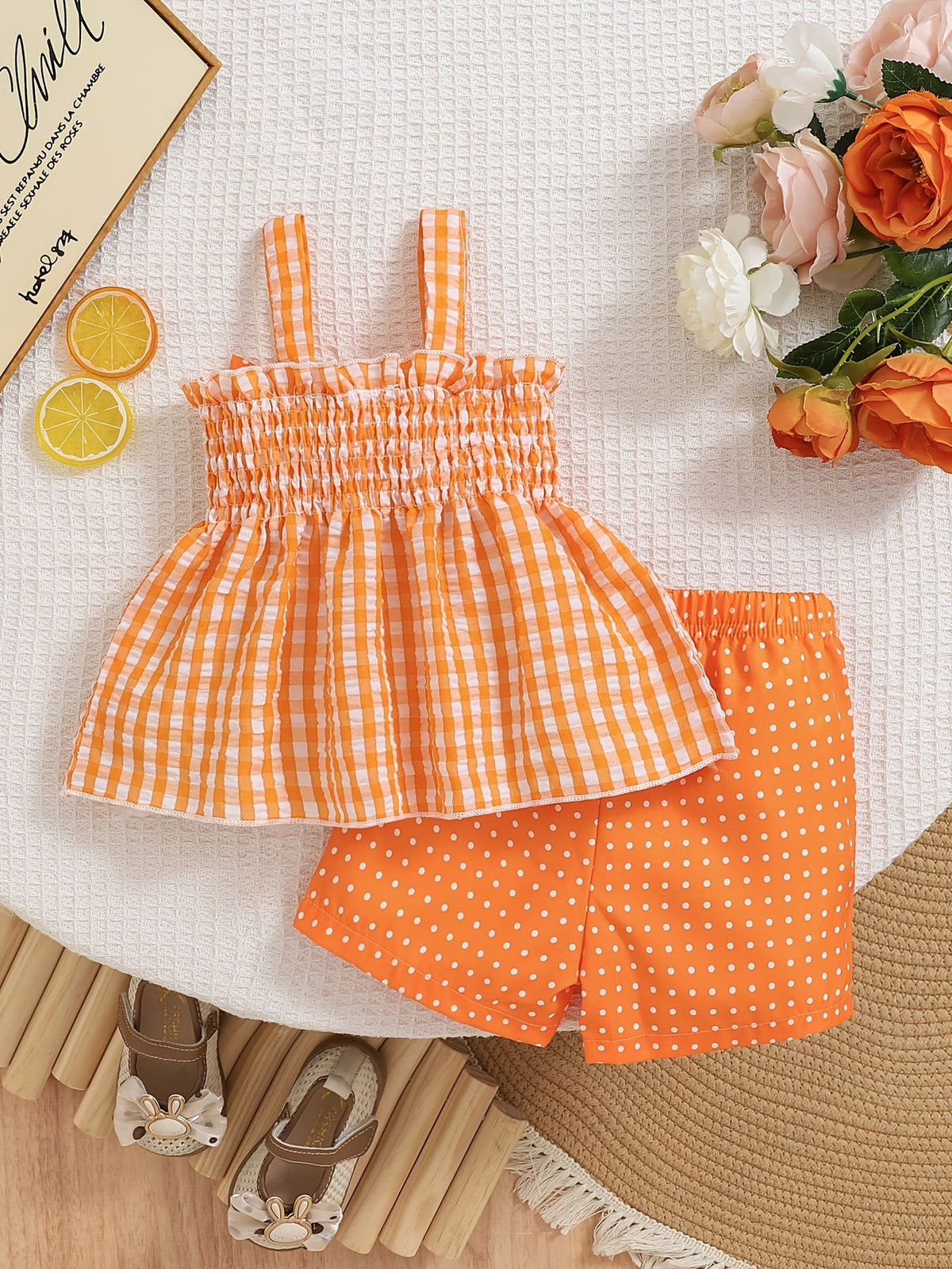 Toddler Girls Shorts Set in Red Gingham with a Strawberry Top and Matching Polka Dot Bottoms