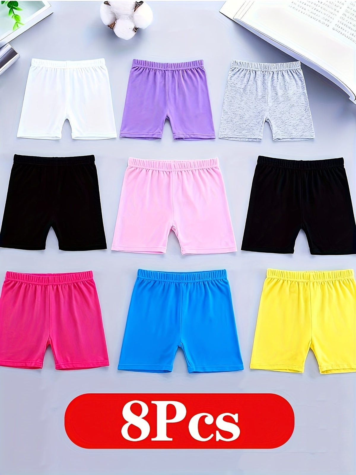 Girls' Bike Shorts in an 8-Pack of Random Mixed Colors with a Stretch Modal Knit and Elastic Waist