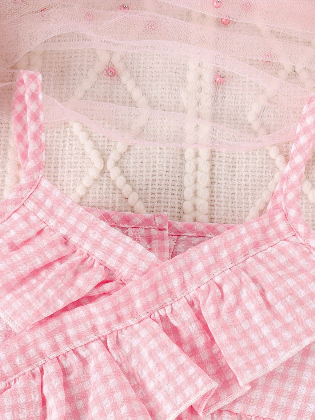 Girls' Pink Gingham Bow Top and Denim Shorts Set with Ruffled Sleeveless Styling for Warm Weather Outfits