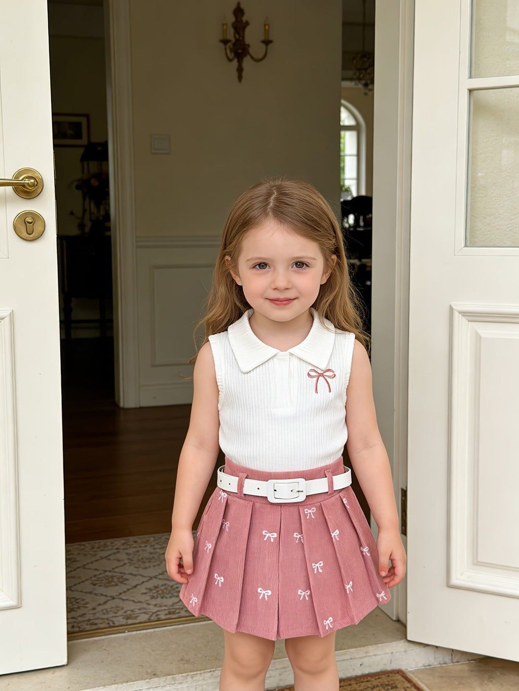Toddler Girls' Skirt Outfit with a White Collared Bow Top and Pink Pleated Skirt, Including a Belt