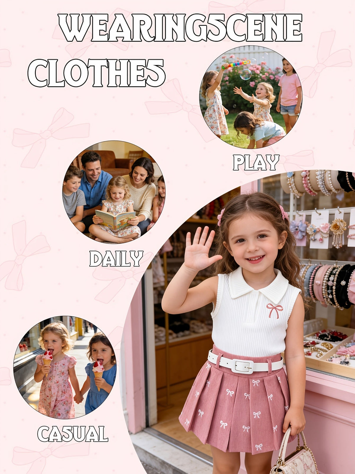 Toddler Girls' Skirt Outfit with a White Collared Bow Top and Pink Pleated Skirt, Including a Belt