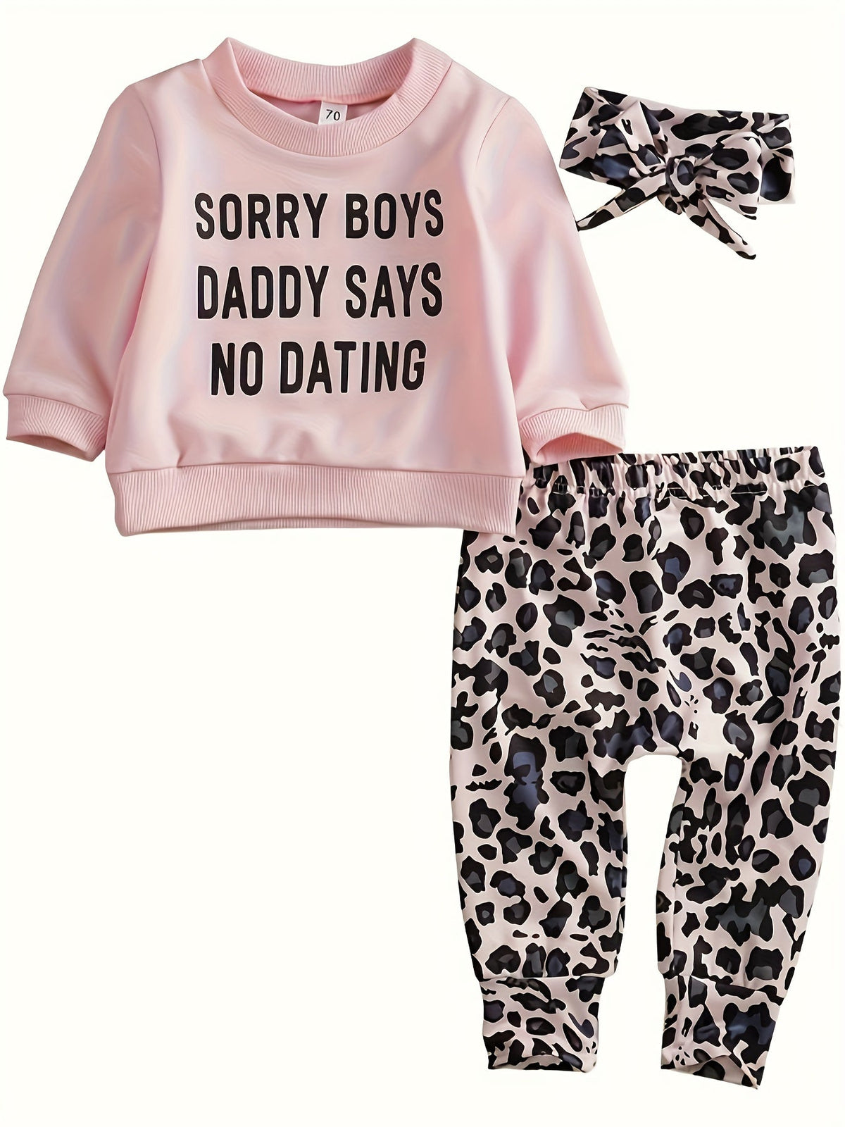 Baby Girls' Three-Piece Outfit Set with a Pink Slogan Top and Leopard Print Pants for Casual Daywear