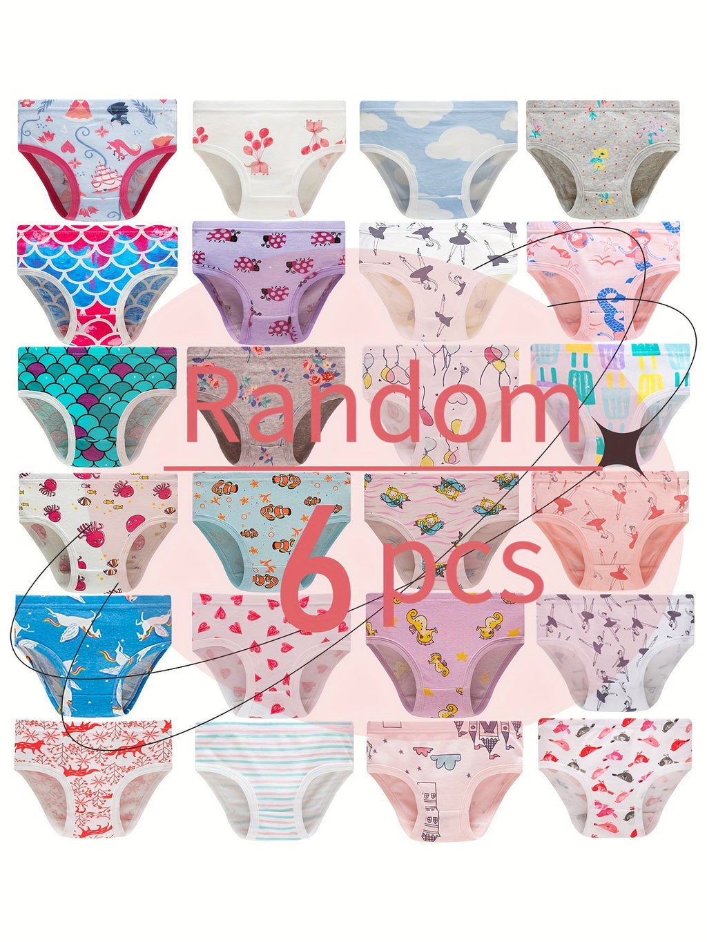 Girls' Random Printed Briefs in a Six Pack with Flower and Animal Designs for Everyday Underwear Changes