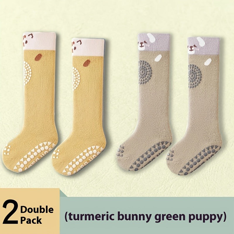 Baby Knee High Socks in Two Pair Animal Sets with Grippy Soles and Knit Legs for Everyday Little Outfits
