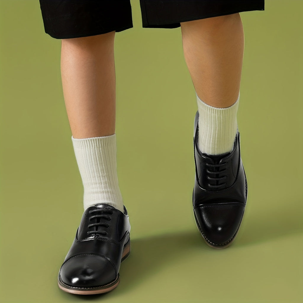 Boys' Cap Toe Oxford Shoes with Smooth Synthetic Leather Uppers and Low Heels for Formal Outfits