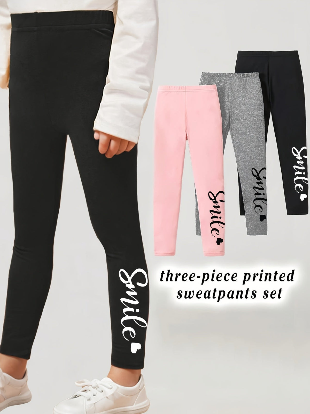 Girls' Smile Print Leggings Three Pack in Pink, Gray and Black with Elastic Waists for Everyday Layering