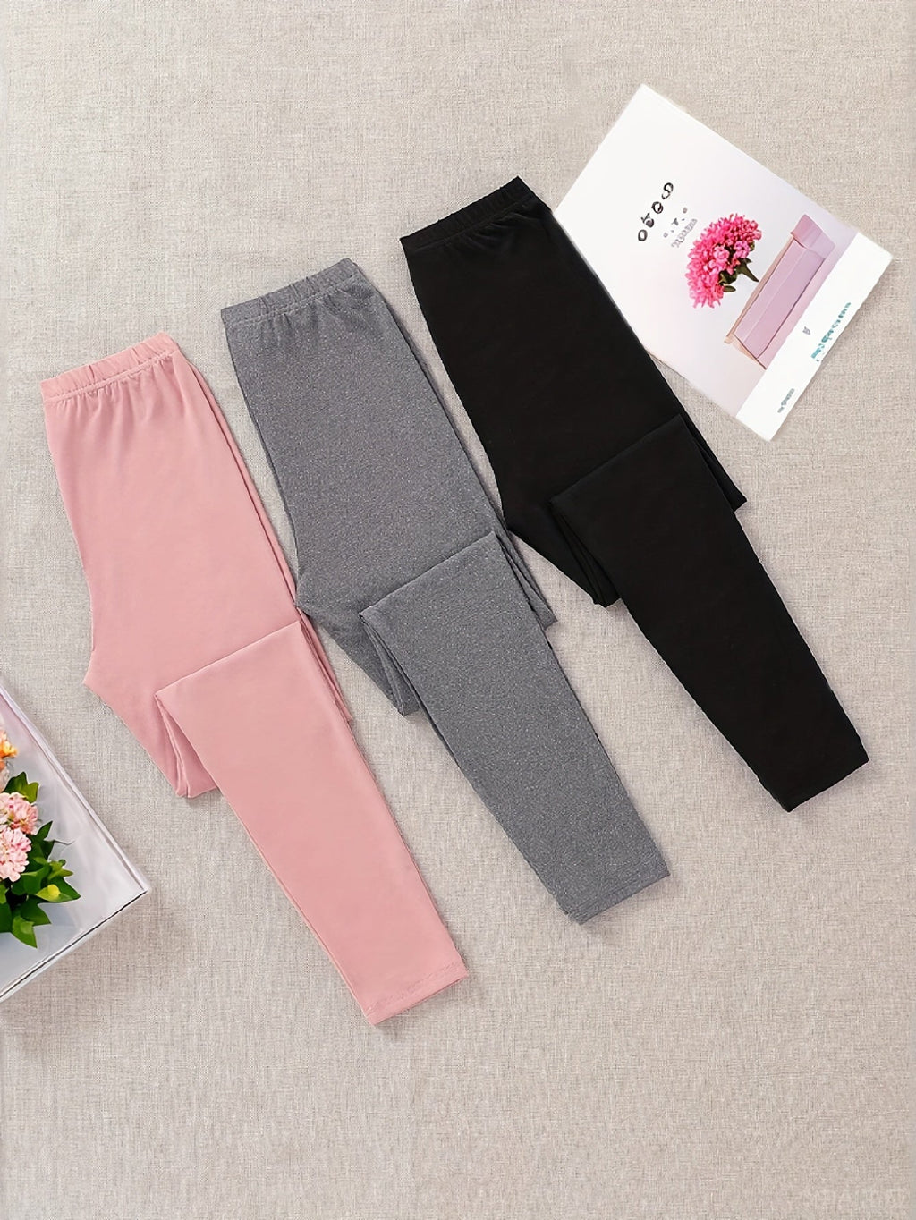 Girls' Smile Print Leggings Three Pack in Pink, Gray and Black with Elastic Waists for Everyday Layering