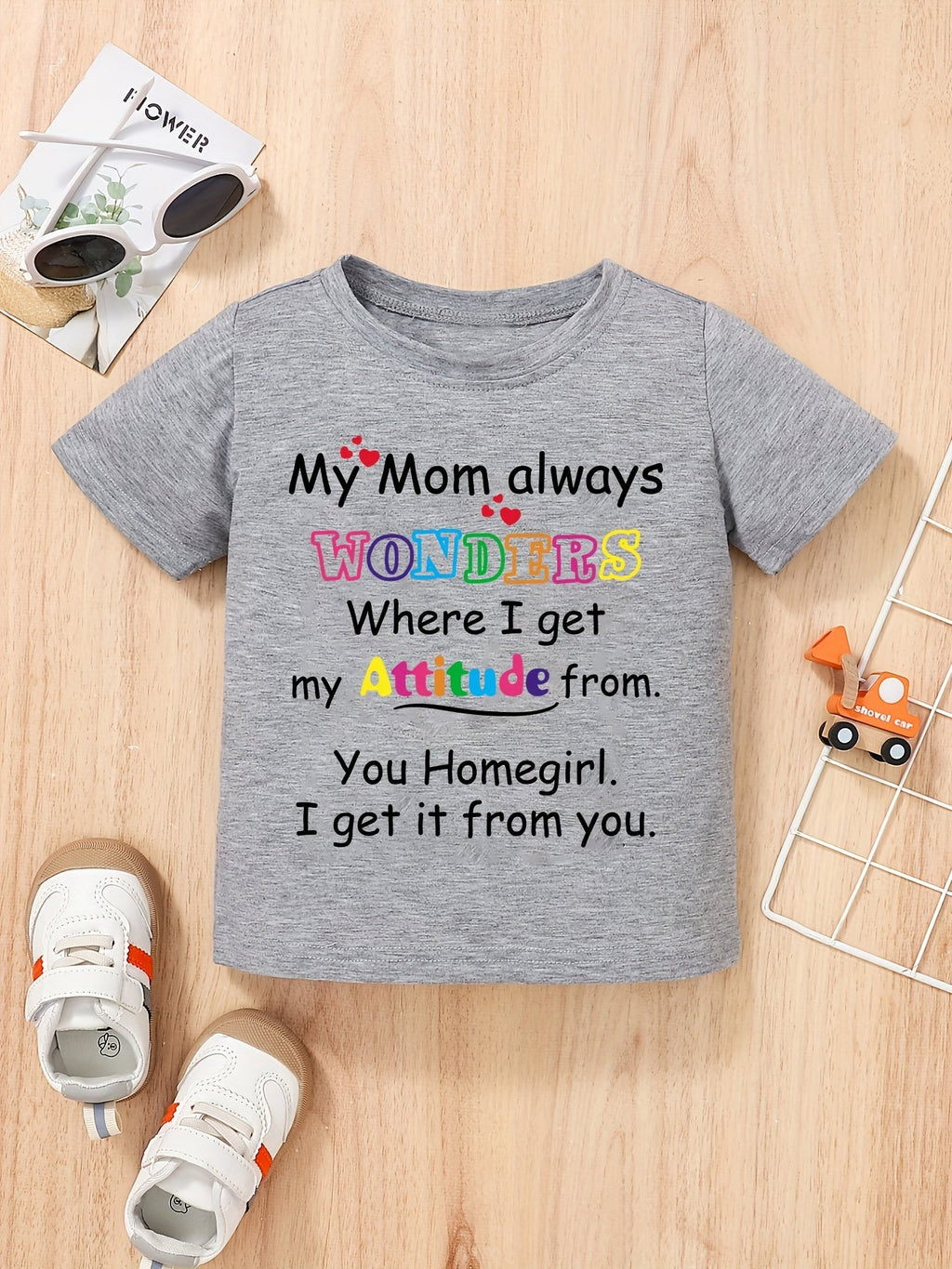 Girls' Cotton Graphic T-Shirt with My Mom Always Wonders Lettering and Short Sleeves for Everyday Play