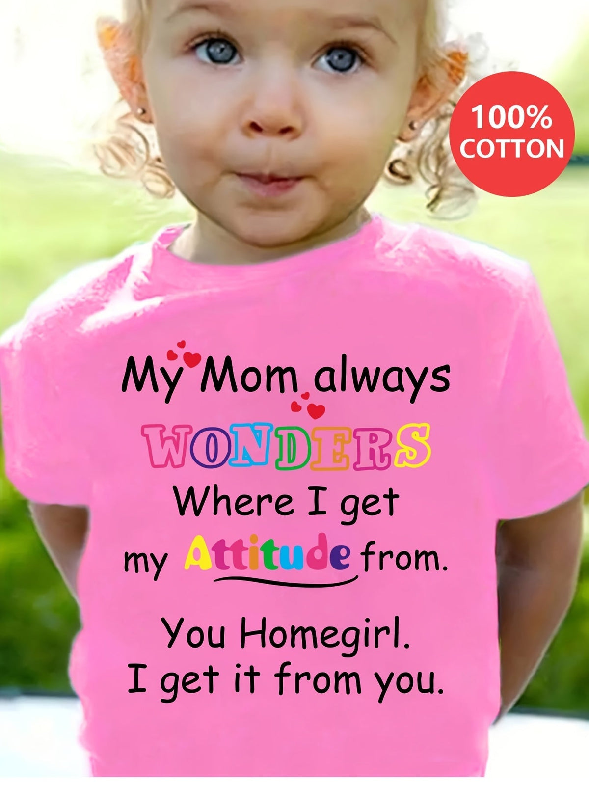Girls' Cotton Graphic T-Shirt with My Mom Always Wonders Lettering and Short Sleeves for Everyday Play