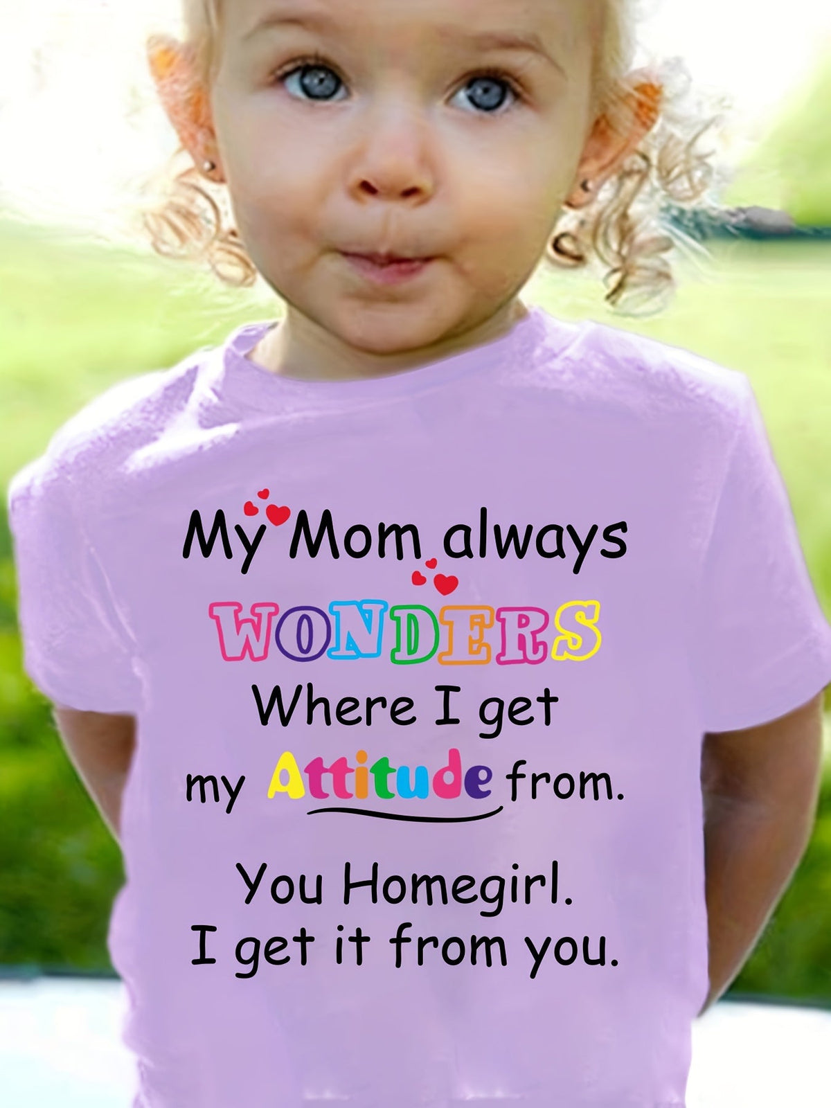 Girls' Cotton Graphic T-Shirt with My Mom Always Wonders Lettering and Short Sleeves for Everyday Play