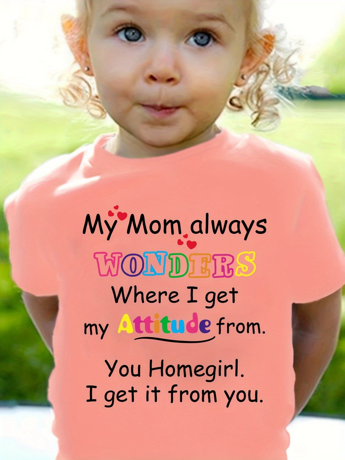 Girls' Cotton Graphic T-Shirt with My Mom Always Wonders Lettering and Short Sleeves for Everyday Play