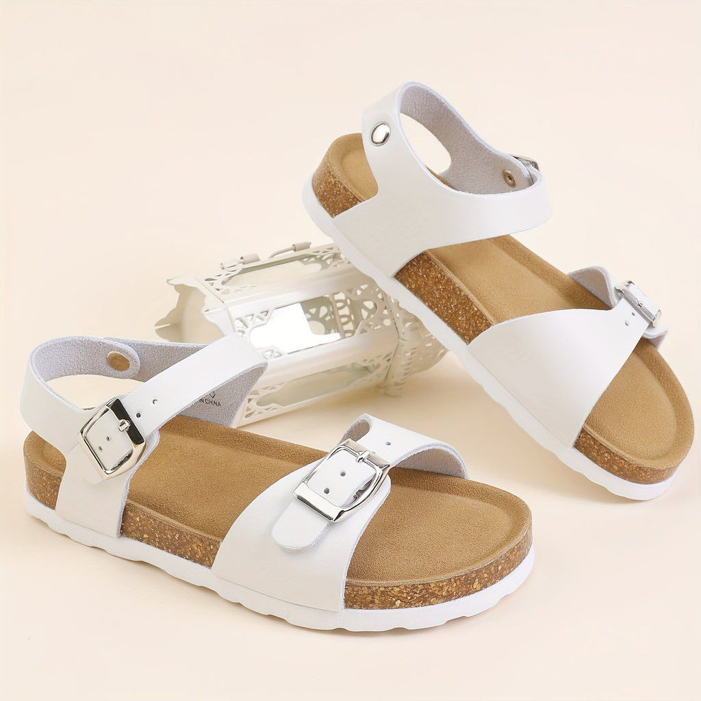 Kids' Buckle Sandals with Rear Straps and Contoured Footbeds in White, Black or Silver for Summer Outfits